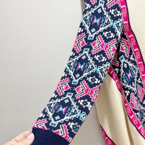 FANTASTIC FAWN Women’s Ivory Blue Pink Open Waterfall Cardigan Aztec Boho Sz M - Picture 6 of 9